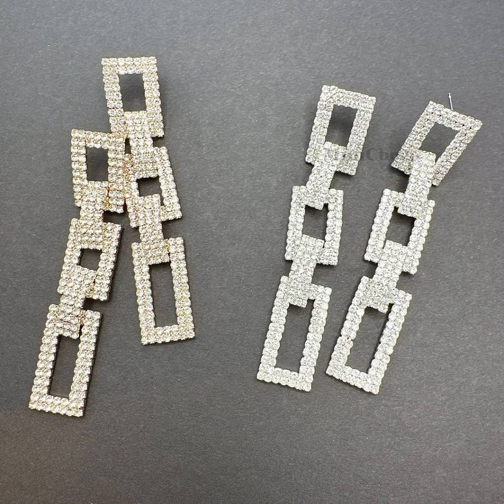 Gold Tone Rhinestone Rectangle Chain Link Earrings - Picture 9 of 10